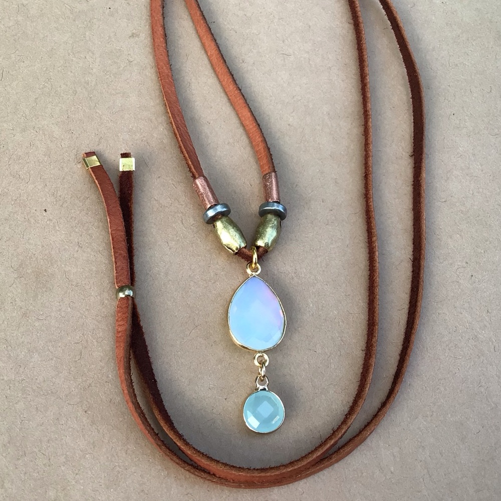 Leather cord Opalite Aquamarine Sundance Charm Necklace Sale